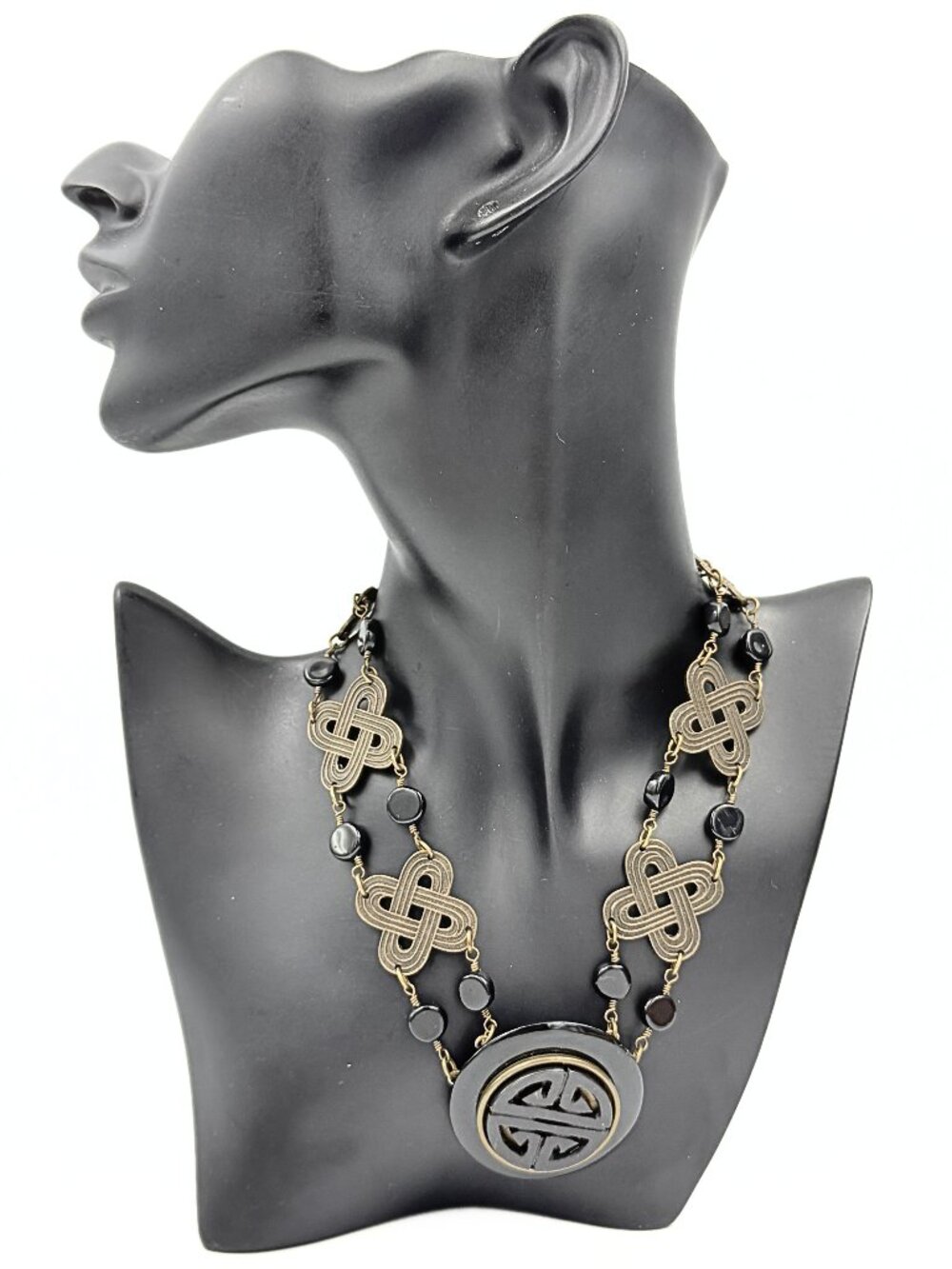 Jan Michaels Signed San Francisco Onyx Celtic Asian Fusion Brass Tribal Necklace